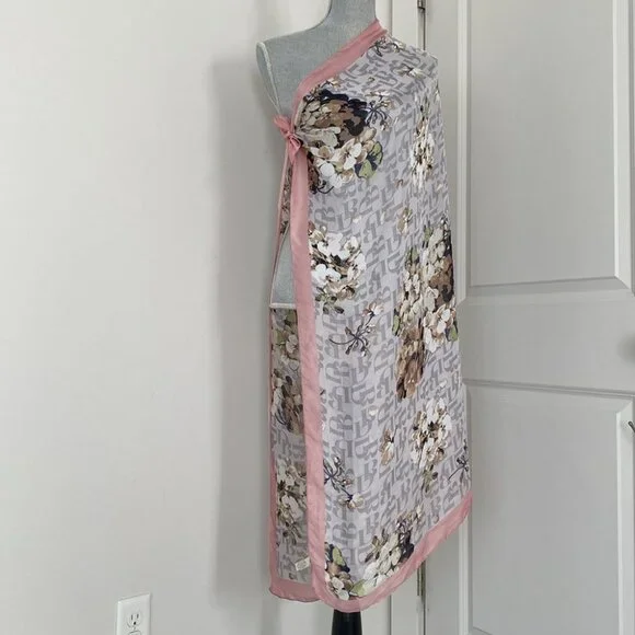 Dana Buchman Floral Monogram Pink & Gray Wrap 42” Versatile Feminine Summer NWOT